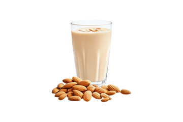 Glass of almond milk with whole almonds isolated on white or transparent, PNG