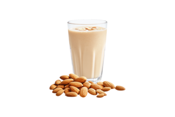 Glass of almond milk with whole almonds isolated on white or transparent, PNG