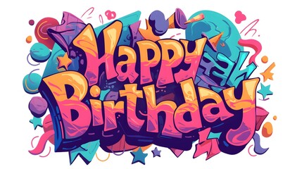 "Happy Birthday" greeting in colorful graffiti style on a white background