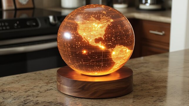 Rotating holographic globe showcasing illuminated data lines connecting major cities across the world