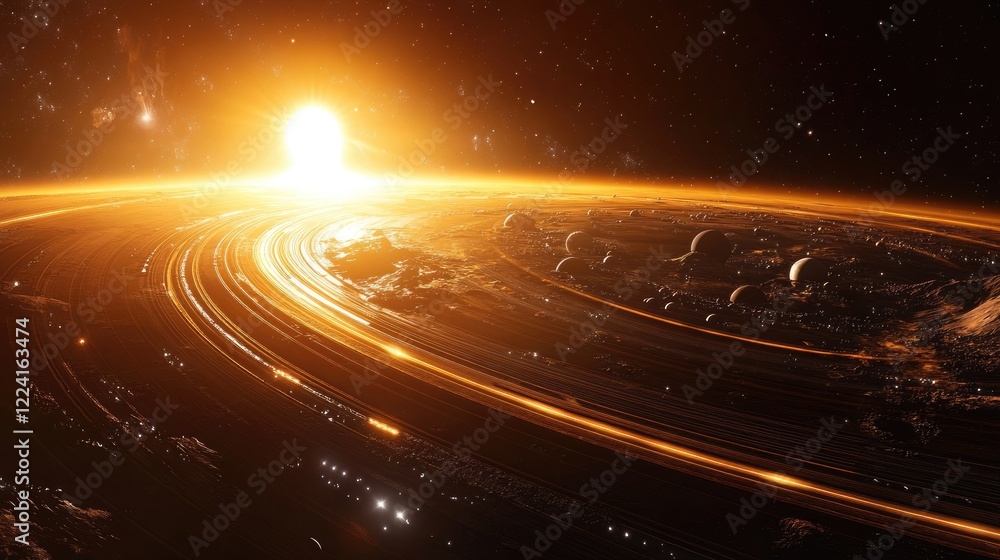 Poster majestic view of the solar system from its outer edges, with planets aligned and the sun casting a g