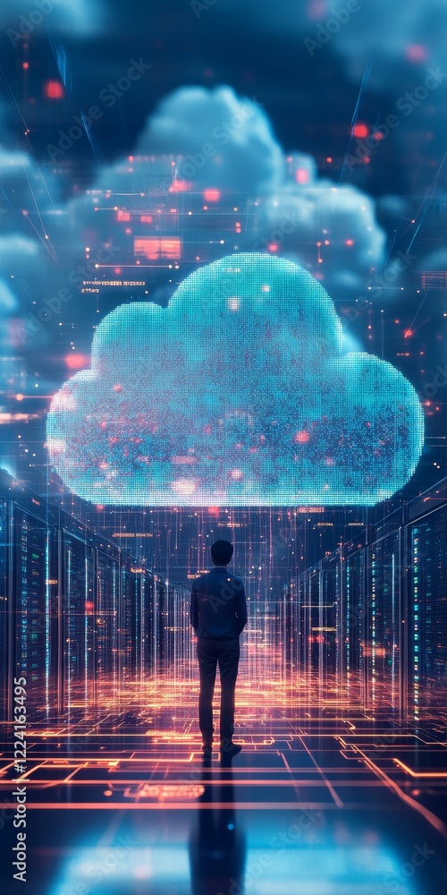 Poster futuristic cloud technology visualization in a data center setting