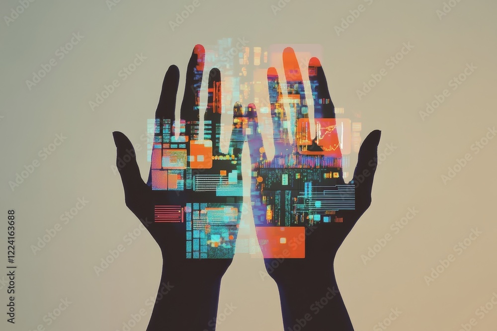 Poster exploring the digital landscape: a visual representation of hands in technology and innovation