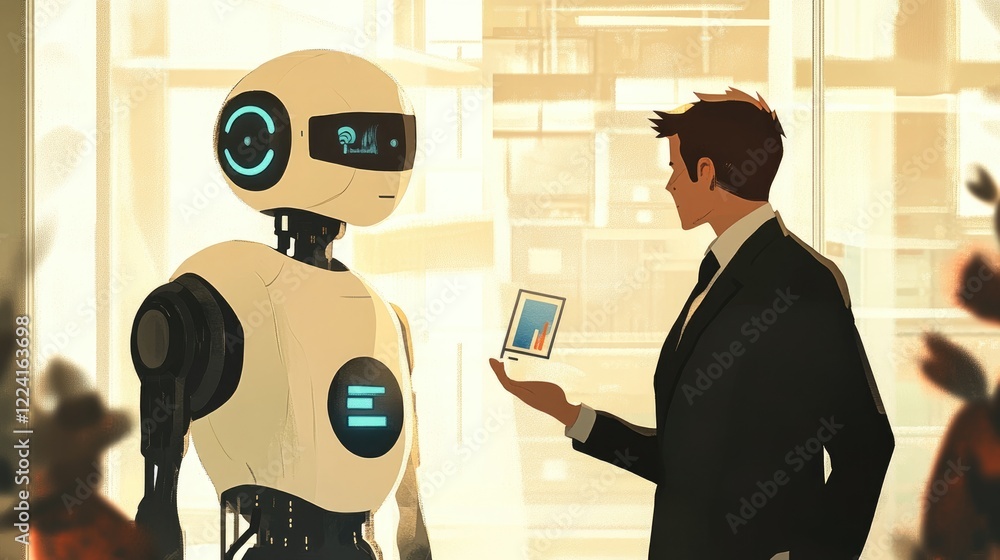 Poster Man engaging with artificial intelligence ethics and governance icons, promoting responsible AI practices and ethical business strategies