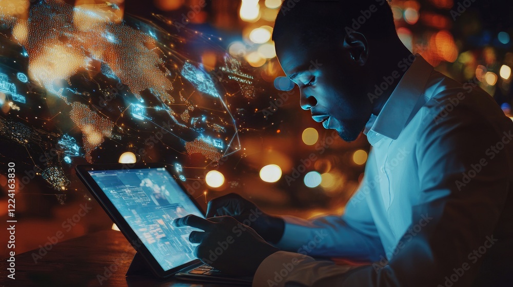 Aufkleber Man working on digital tablet and laptop with global internet connection, using technology for IoT and digital marketing in a business setting