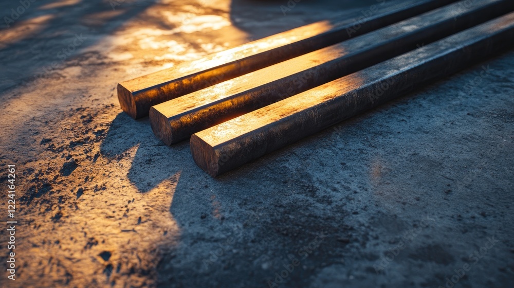 Poster metallic bars lying on a rough concrete floor, with the soft glow of evening light casting intricate