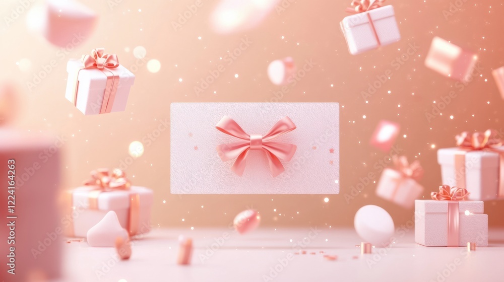 Poster a glowing 3d-rendered voucher card with decorative patterns and floating gifts in pastel tones, crea
