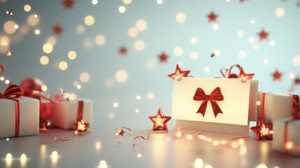 A glowing 3D-rendered voucher card with decorative elements like stars and wrapped gifts, symbolizing celebration, on white