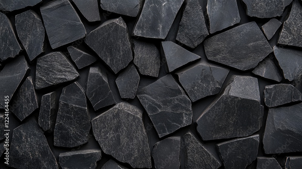 Poster modern pattern of black geometric stones and rocks arranged in a minimalist style, creating a bold, 