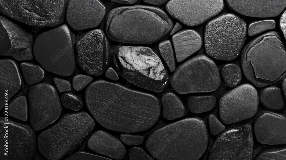 Poster modern pattern of black geometric stones and rocks arranged in a minimalist style, creating a bold, 