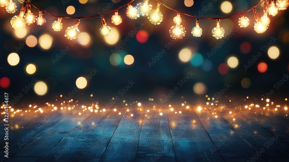 Poster multi-colored glowing lights and bokeh sparkles illuminate a dark background, creating a vibrant, ma