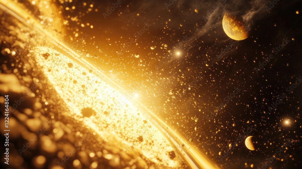 Poster Outer space perspective from the edge of the solar system, with planets in alignment and the sun radiating golden light, creating a breathtaking cosmic view