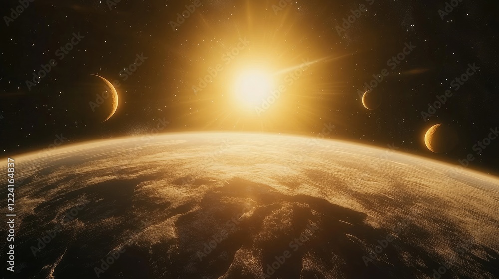 Poster Outer space perspective from the edge of the solar system, with planets in alignment and the sun radiating golden light, creating a breathtaking cosmic view