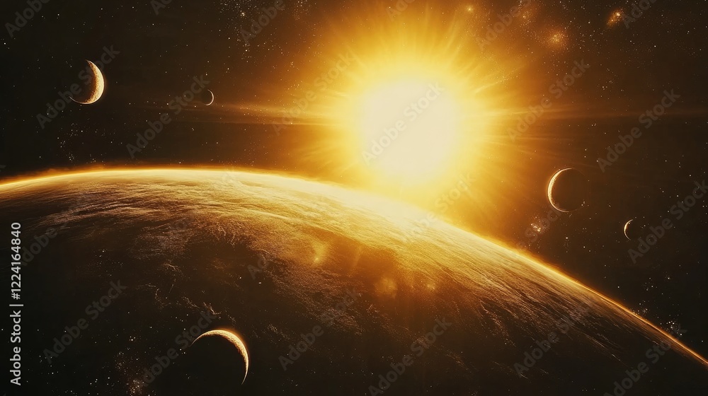 Poster Outer space perspective from the edge of the solar system, with planets in alignment and the sun radiating golden light, creating a breathtaking cosmic view