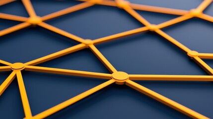 A close-up of an orange geometric network design on a dark background, showcasing interconnected nodes and lines, symbolizing connectivity and structure.