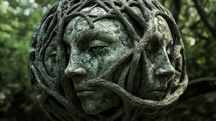 Obraz premium Three Faces in Nature Entwined with Twisted Roots and Branches