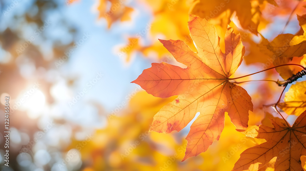Poster golden autumn maple leaf backlit by sunlight in forest : generative ai