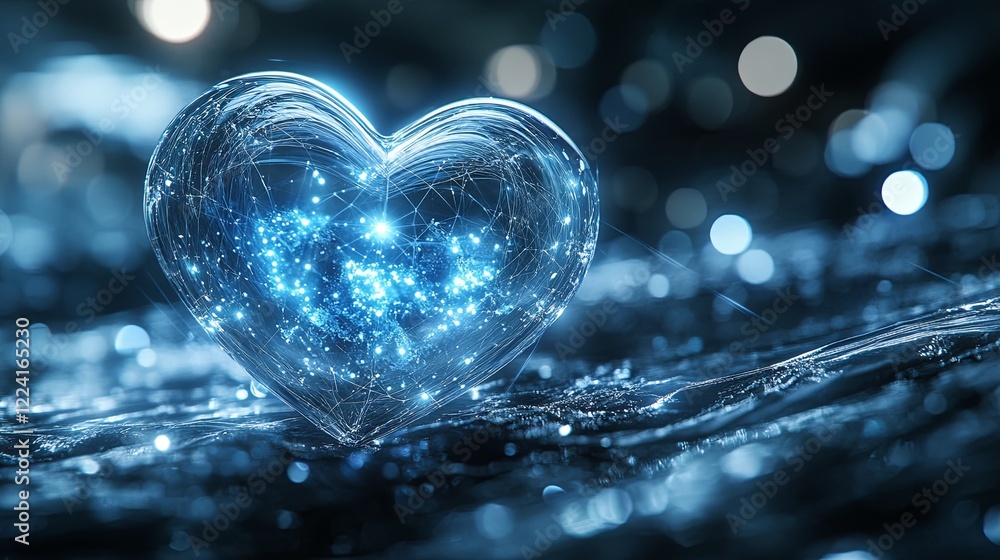 Poster pulsing crystal heart radiates glowing energy in a mystical setting with shimmering light trails sur
