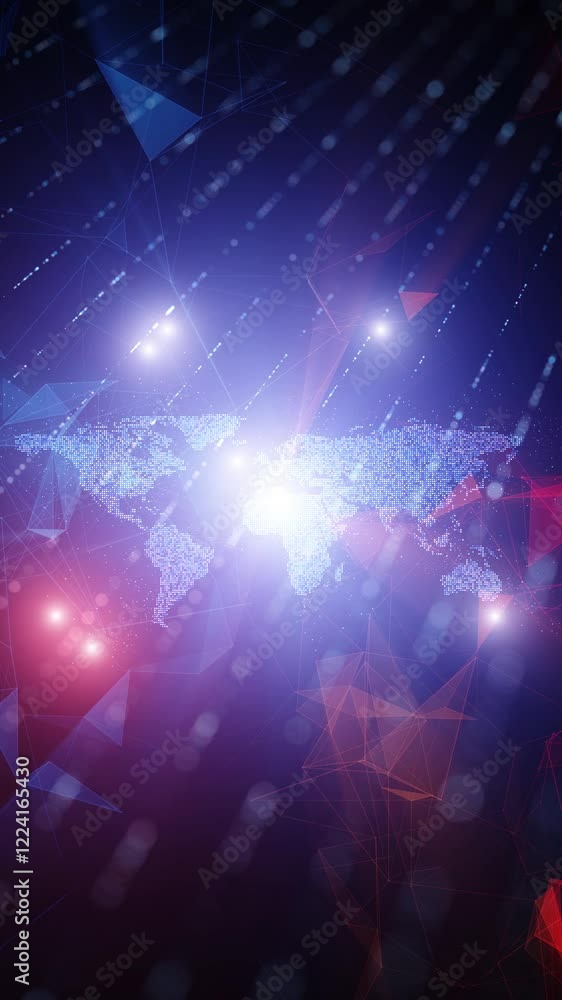 Poster flickering red blue digital technology vertical cyberspace with world map loop animation.