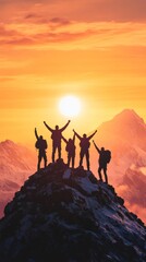 A group of people are standing on a mountain peak