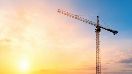 A construction crane stands tall against a vibrant sunset, symbolizing progress and development in urban landscapes.
