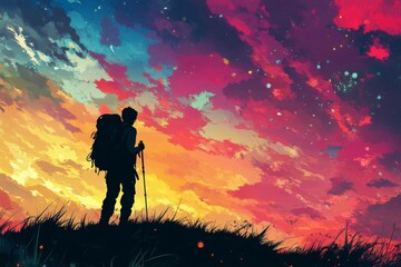 Fototapeta premium Awe-Inspiring Sunset Landscape with Silhouette Figure