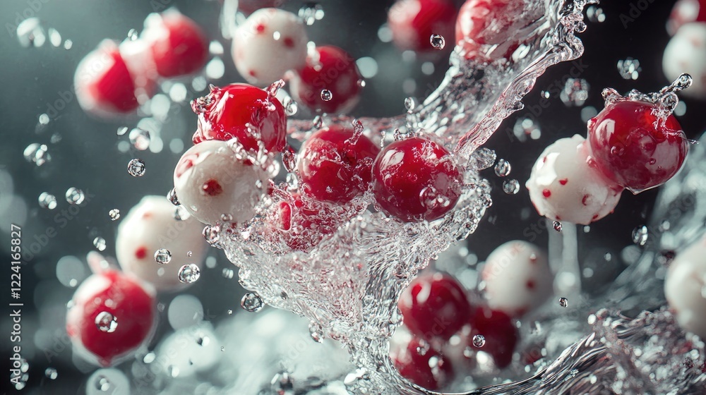 Aufkleber Red and white berries levitating above, surrounded by cascading water splashes, creating a dynamic and refreshing image full of energy and vitality