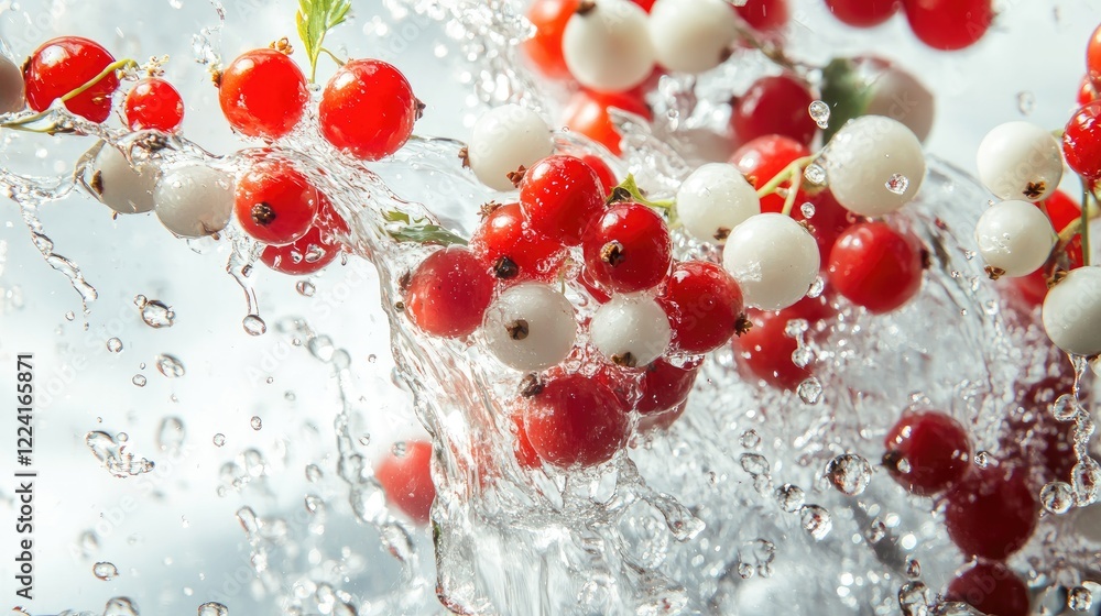 Poster Red and white berries levitating above, surrounded by cascading water splashes, creating a dynamic and refreshing image full of energy and vitality