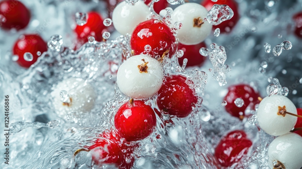 Aufkleber Red and white berries levitating above, surrounded by cascading water splashes, creating a dynamic and refreshing image full of energy and vitality