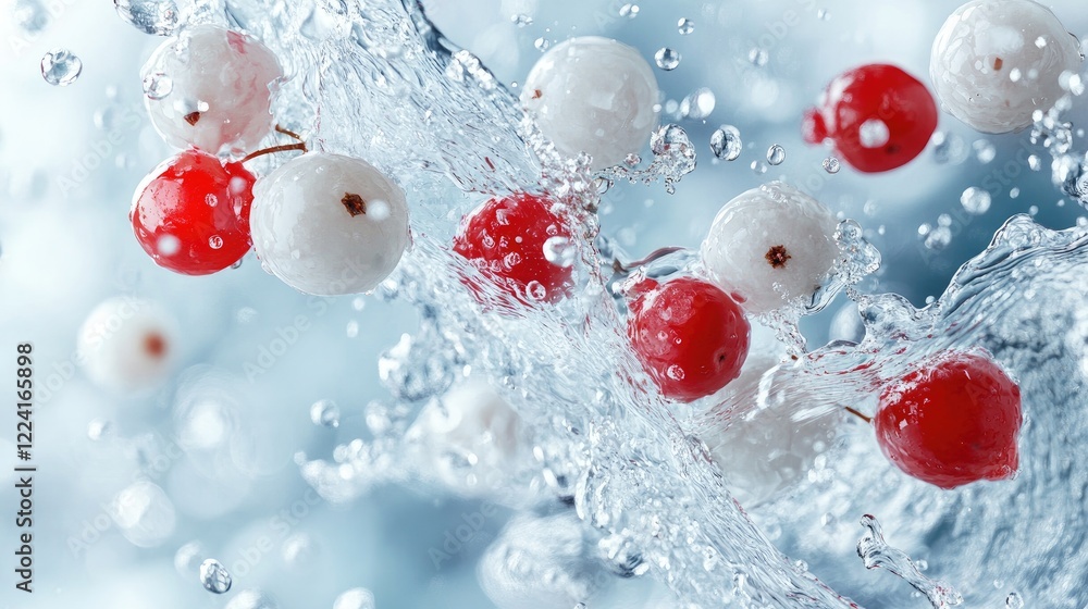 Aufkleber Red and white berries levitating above, surrounded by cascading water splashes, creating a dynamic and refreshing image full of energy and vitality