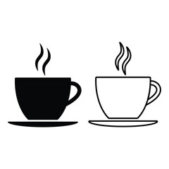 Coffee And Teacup icon set. Cup with steam rising from it. Coffee and Tea cup symbol Flat vector sign isolated on white background.