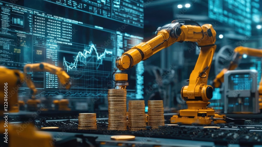 Poster Robotic arms assembling stacks of coins on a high-tech background filled with digital data and financial charts, symbolizing automation in wealth creation
