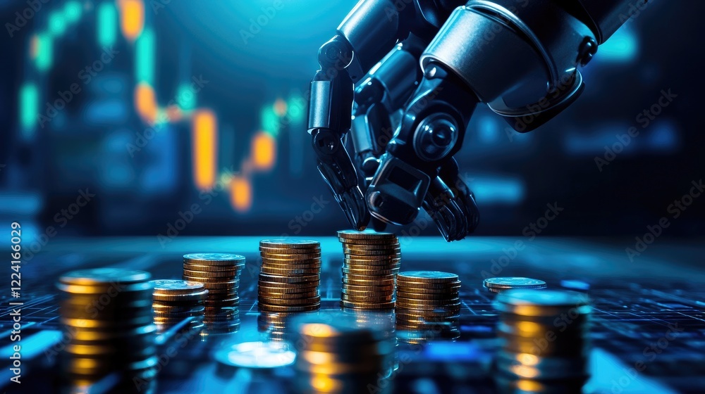 Poster robotic arms placing coins in stacks against a futuristic digital backdrop, symbolizing automation a