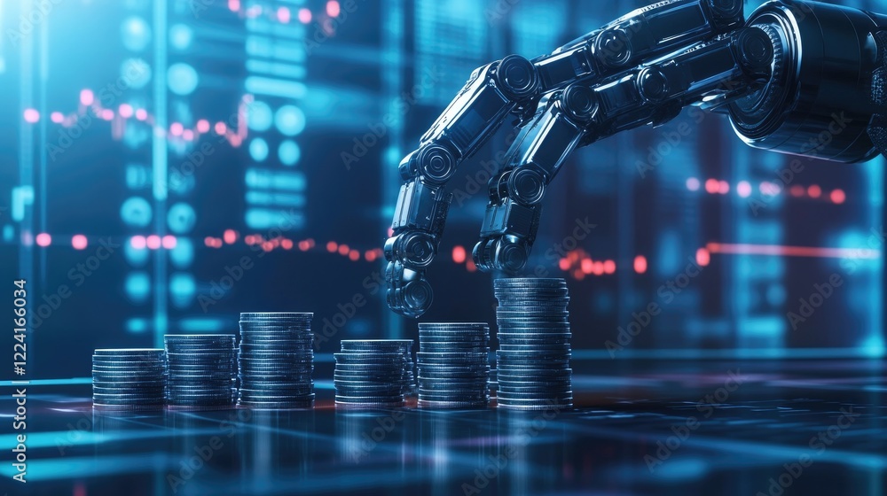 Poster Robotic arms placing coins in stacks against a futuristic digital backdrop, symbolizing automation and the future of financial profits