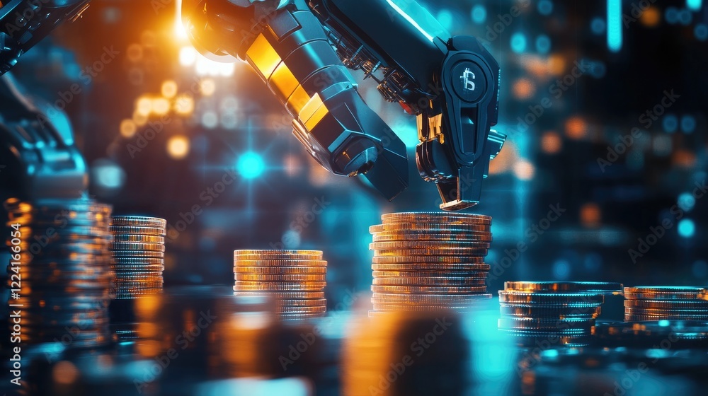 Poster robotic arms placing coins in stacks against a futuristic digital backdrop, symbolizing automation a
