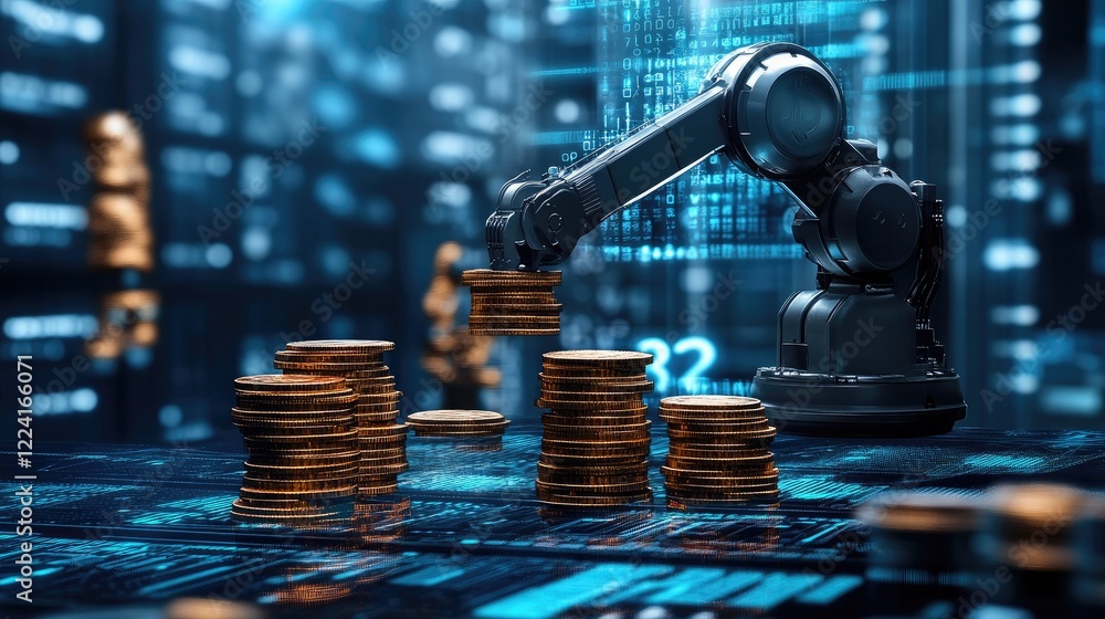 Poster Robotic arms stacking coins with precision against a high-tech, data-driven background, symbolizing automation and efficiency in financial processes