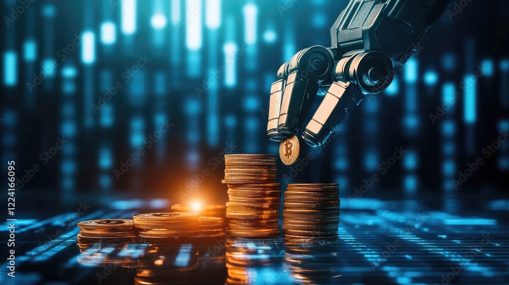 Poster Robotic arms stacking coins with precision against a high-tech, data-driven background, symbolizing automation and efficiency in financial processes