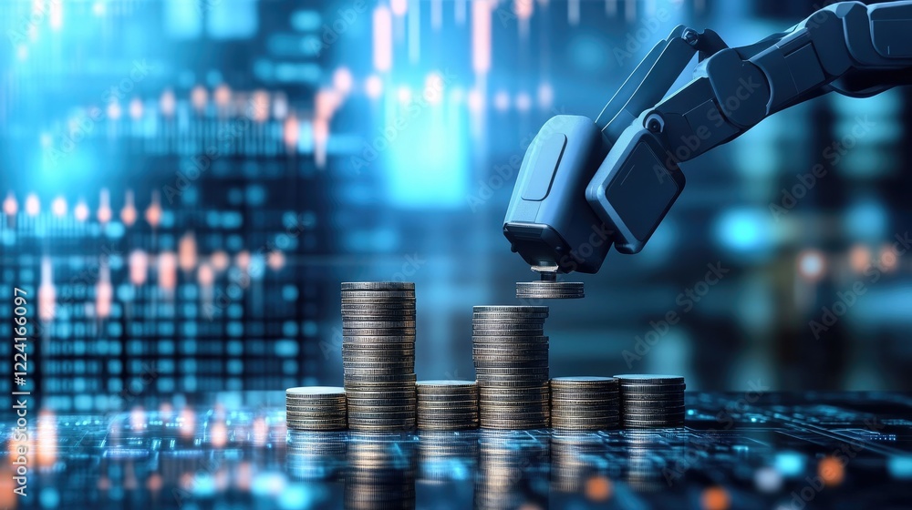 Poster Robotic arms stacking coins with precision against a high-tech, data-driven background, symbolizing automation and efficiency in financial processes
