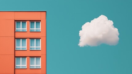 An orange building with multiple windows stands against a bright turquoise sky, featuring a single fluffy cloud nearby.