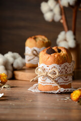 Rustic homemade mini cakes (Kulich) with chocolate chips. Easter Holiday.