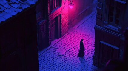 Mysterious Urban Night Scene with Neon Lights and Silhouetted Figure on Cobblestone Street