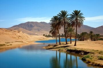 Scenic desert oasis with palm trees and calm blue water surrounded by arid mountains under a clear sky