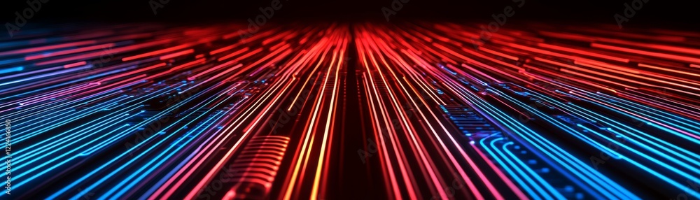 Poster a vibrant, abstract depiction of illuminated lines in red and blue, giving a sense of speed and digi