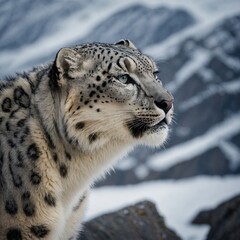 Fototapeta premium A snow leopard’s elegant profile set against a backdrop of jagged, snowy cliffs.
