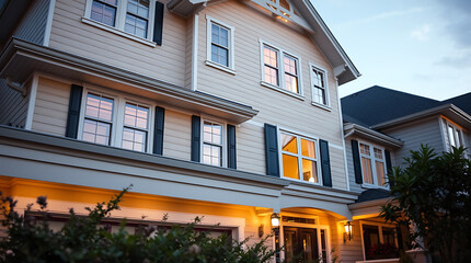 Naklejka premium Luxury Dream Home Exterior at Dusk: Captivating Night View of a Stunning Family House