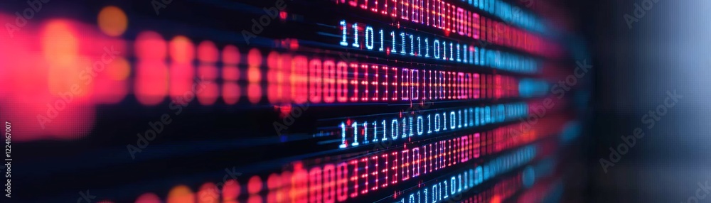 Poster a vibrant display of digital data streams in blue and red, representing technology and modern inform