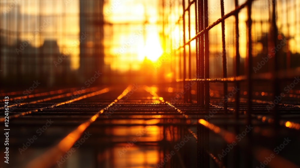 Poster steel bars casting intricate patterns as they reflect the warm hues of a sunset, creating a striking