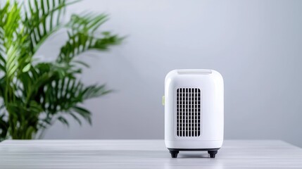 Compact air purifier on table, plant background, clean home