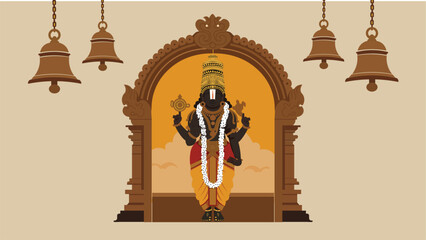 Lord Balaji (Venkateswara Swami) in Temple Arch with Hanging Bells
