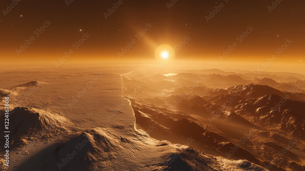 Poster Stunning view from the outer edges of the solar system, showing planets in perfect alignment with the sun casting golden light across the scene
